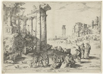 Landskap med flukten til Egypt Maria cum Iosepho i Aegyptum fugit (tittel på objekt) Italienske landskap med bibelske scener (serietittel) av Willem van Nieulandt (II)