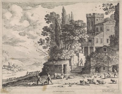 Landskap med hus, figurer og storfe av Willem van Nieulandt (II)