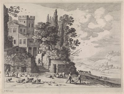 Landskap med hus, figurer og storfe av Willem van Nieulandt (II)