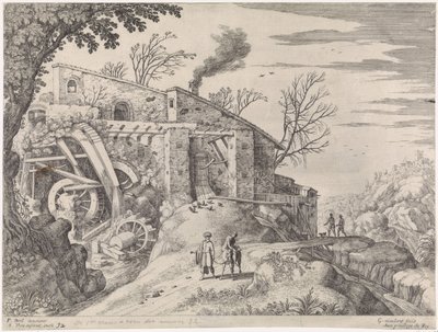 Landskap med en vannmølle og den barmhjertige samaritan Italienske landskap (serietittel) av Willem van Nieulandt (II)