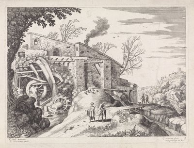 Landskap med en vannmølle og den barmhjertige samaritan Italienske landskap (serietittel) av Willem van Nieulandt (II)