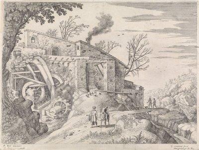Landskap med en vannmølle og de barmhjertige samaritanske italienske landskapene (serietittel) av Willem van Nieulandt (II)