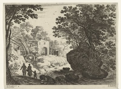 Par og barn ved vannmølle Italienske landskap (serietittel) av Willem van Nieulandt (II)