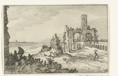 Ruin med buer og et tårn på vannet Romerske ruiner og kystlandskap (serie 1) (serietittel) av Willem van Nieulandt (II)