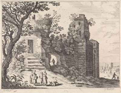 Ruin med en gruppe kvinner og barn Italienske landskap (serietittel) av Willem van Nieulandt (II)
