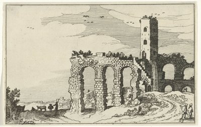 Ruin av akvedukt Romerske ruiner og kystlandskap (serie 1) (serietittel) av Willem van Nieulandt (II)