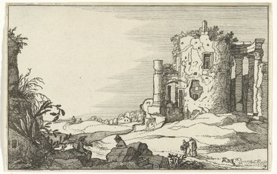 Ruinene av et tempel omgitt av søyler Romerske ruiner og kystlandskap (serie 1) (serietittel) av Willem van Nieulandt (II)