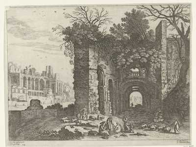 Hvilende familie foran en ruin av italiensk landskap (serietittel) av Willem van Nieulandt (II)