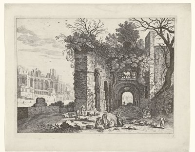 Hvilende familie foran en ruin Italienske landskap (serietittel) av Willem van Nieulandt (II)