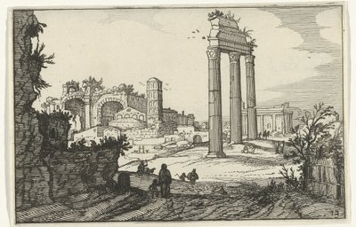 Temple of Castor og Pollux og Basilica of Constantine Romerske ruiner og kystlandskap (serie 1) (serietittel) av Willem van Nieulandt (II)