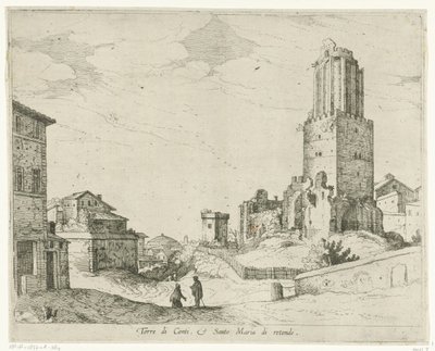Torre delle Milizie og Pantheon Torre di Conti e Santo Maria di retonde (tittel på objekt) Utsikt over Roma (serietittel) av Willem van Nieulandt (II)