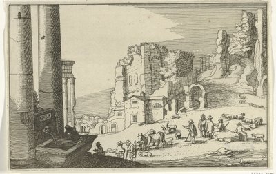 Storfe blant romerske ruiner Romerske ruiner og kystlandskap (serie 1) (serietittel) av Willem van Nieulandt (II)