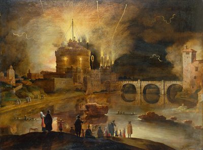 Castel Sant Angelo, Roma, med byfolk som ser på et fyrverkeri om natten (olje på panel) av Willem van Nieulandt