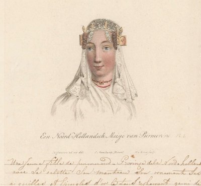 Hodeplagg til en jente fra Purmerend, 1816 A North Holland Girl from Purmerend / Une Jeune fille de purmerend - Province dela Nord-hollande avec sa calotte son manteau son ornament ses aiguilles et epingles d