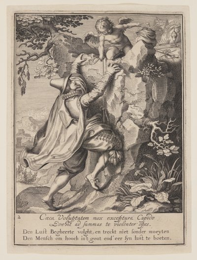 En ung mann som klatrer opp en åsside hjulpet av Cupid, fra Allegori om misbruk av verdslig eiendom av Willem van Swanenburgh