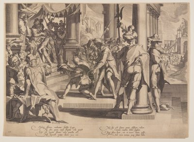 Allegori om rettferdighet, lovens hellighet, plate 12 fra Rettferdighetens troner (Thronus Iustitiae) av Willem van Swanenburgh