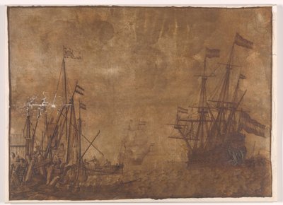 Skip ved et havnehode av Willem van de Velde (I)