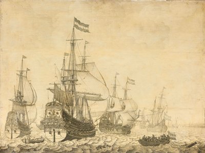Sjølandskap med de nederlandske krigsmenn, inkludert Drenthe og prins Frederick-Henry av Willem van de Velde (I)