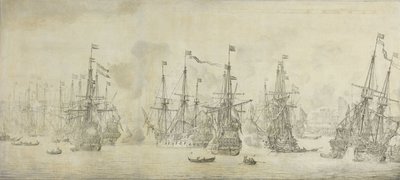 The Failed Attack of the English on the Return Fleet i Bergen havn, Norge, 12. august 1665: en episode fra den andre anglo-nederlandske krigen av Willem van de Velde (I)