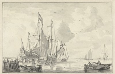 Sjølandskap med noen skip i rolig vann nær kysten av Willem van de Velde (II)