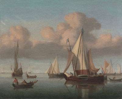 En Kaag for anker med seil heist og en statsyacht og andre fartøyer av Willem van de Velde the Younger
