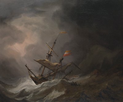 En middelhavsbrigantin som driver inn på en steinete kyst i en storm, ca. 1700 (olje på lerret) av Willem van de Velde the Younger