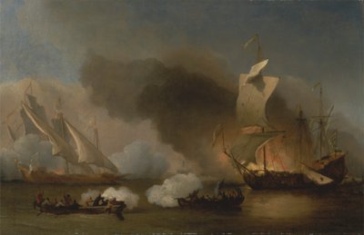 En aksjon mellom engelske skip og Barbary Corsairs av Willem van de Velde the Younger