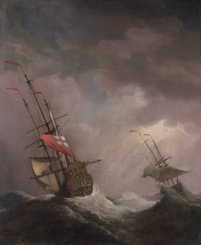 Et engelsk skip til sjøs som løper i kuling av Willem van de Velde the Younger