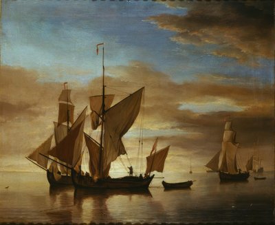 Sender på stille hav i kveldslyset av Willem van de Velde the Younger