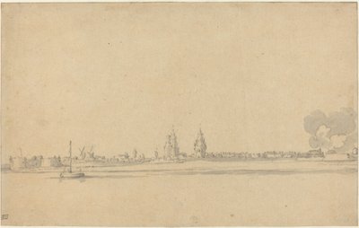 Utsikt over en nederlandsk by (Delft?) av Willem van de Velde the Younger