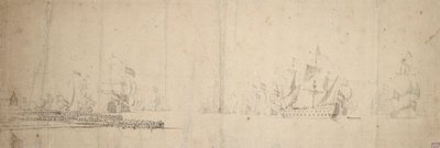 En nederlandsk flåte som går i gang fra en pir, ca. 1665 (grafitt, gråvasket) av Willem van de the Elder Velde