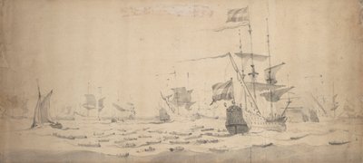 En nederlandsk flåte som ligger og venter i en bris: et krigsråd, ca. 1665 (grafitt, gråvasket) av Willem van de the Elder Velde