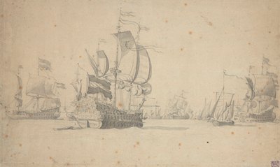 En nederlandsk skvadron som danner slaglinje, mai 1672, ca. 1672 (blyant, vasket) av Willem van de the Elder Velde