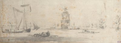 En galliot i lett vind og flere lektere, ca. 1681 (grafitt, gråvasket) av Willem van de the Elder Velde