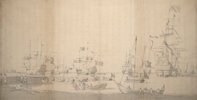 En weyschuit som blir trukket i land i en overfylt havn, ca. 1672 (grafitt) av Willem van de the Elder Velde