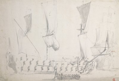 En engelsk fjerderangs i lette lufttrekk, ca. 1681 (grafitt, gråvasket) av Willem van de the Elder Velde