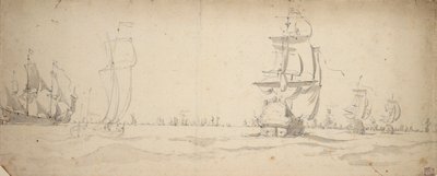 Nederlandske skip som kjører ned mot hovedflåten, mai 1672, ca. 1672 (grafitt, gråvasket) av Willem van de the Elder Velde