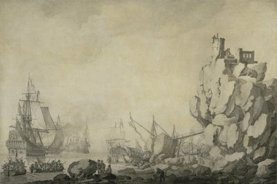 Skip og milits ved en steinete kyst, ca. 1680 (penn og blekk på forberedt lerret) av Willem van de the Elder Velde