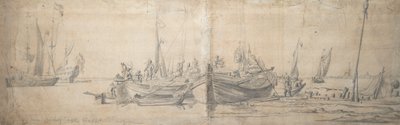 To kaager i land på enden av en hard, ca. 1643 (grafitt, gråvasket) av Willem van de the Elder Velde