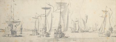 Karl IIs besøk til «Tigeren» i Woolwich: Yachtene runder en sving i elven av Willem van de the Elder Velde