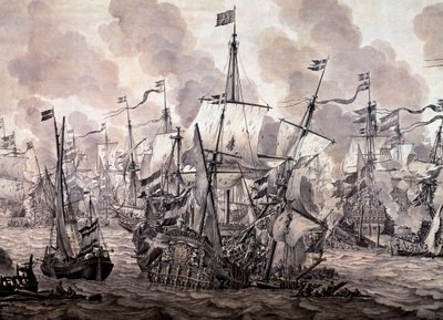 slaget ved Øresund mellom den nederlandske og den svenske flåten, 8. november 1658. Detalj - Olje- og blekkmaleri av Willem van de the Elder Velde
