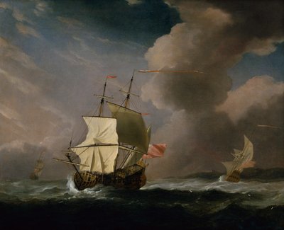 Ein englischer Zweidecker bei starkem Wind mit einem weiteren Schiff im Hintergrund von Willem van de Velde the Younger