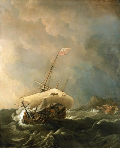 Britisches Schiff in stürmischem Wind, versucht, der felsigen Küste zu entkommen von Willem van de Velde the Younger