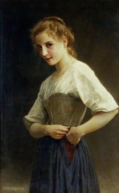 Ved dagens begynnelse (liv på landet: en ung bondepike som kler på seg). Maleri av William-Adolphe Bouguereau. av William-Adolphe Bouguereau