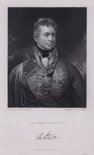 Sir Thomas Picton, walisisk general fra Napoleonskrigene drept i slaget ved Waterloo (gravering) av William (after) Beechey