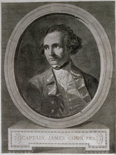 Portrett av kaptein James Cook (1728-79), fra frontispicen til "Journey Round the World to the South Pole" (gravering) av William (after) Hodges