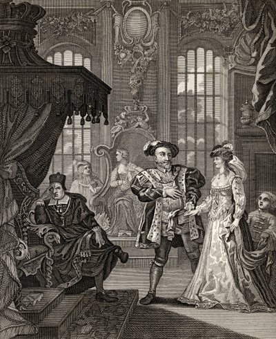 Henrik VIII og Anne Boleyn, gravert av T. Cooke, fra «The Works of Hogarth», utgitt 1833 (lito) av William (after) Hogarth