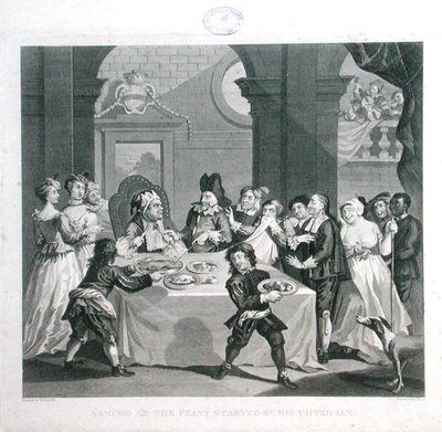 Sancho at the Feast Starved by his Physician, gravert av Thomas Cook (1744-1818) (gravering) av William (after) Hogarth