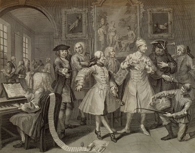 Tom Rakewell omgitt av kunstnere og professorer, plate II fra The Rake