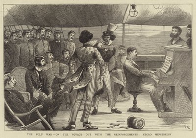 Zulu-krigen, på reisen ut med forsterkningene, svart Minstrelsy (gravering) av William (after) Ralston
